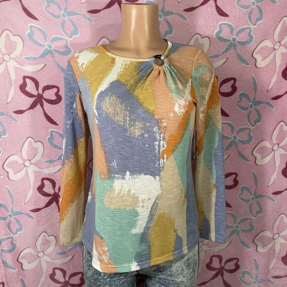 Y2k Figueroa & Flower Top Women Petite Medium Multicolor Abstract 3/4 Sleeve - Picture 1 of 4